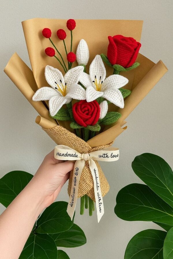 Handmade Crochet Rose & Lily Bouquet – Everlasting Romantic Floral Gift