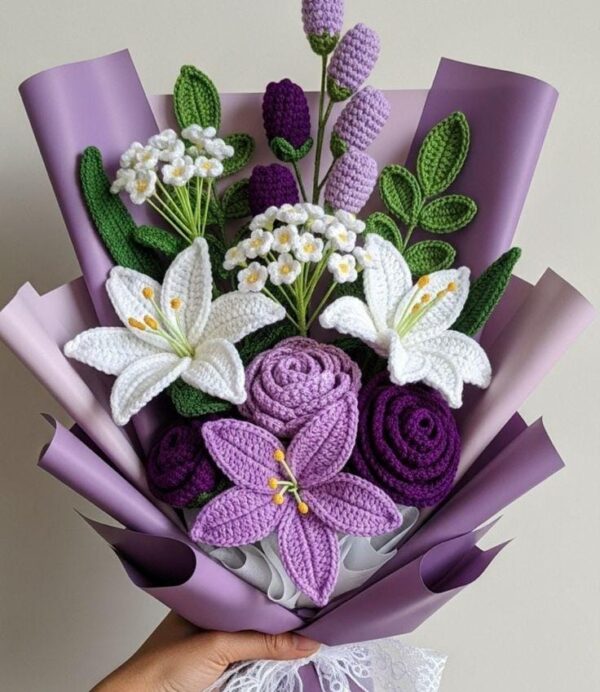 Handmade Crochet Lavender Flower Bouquet – Elegant Everlasting Floral Gift