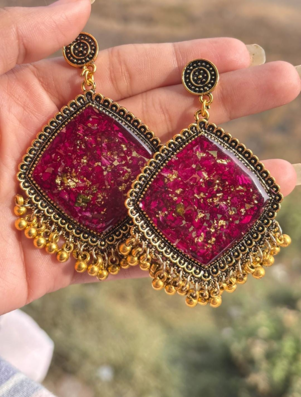 Handcrafted Ruby Red Resin Statement Earrings with Antique Gold Finish