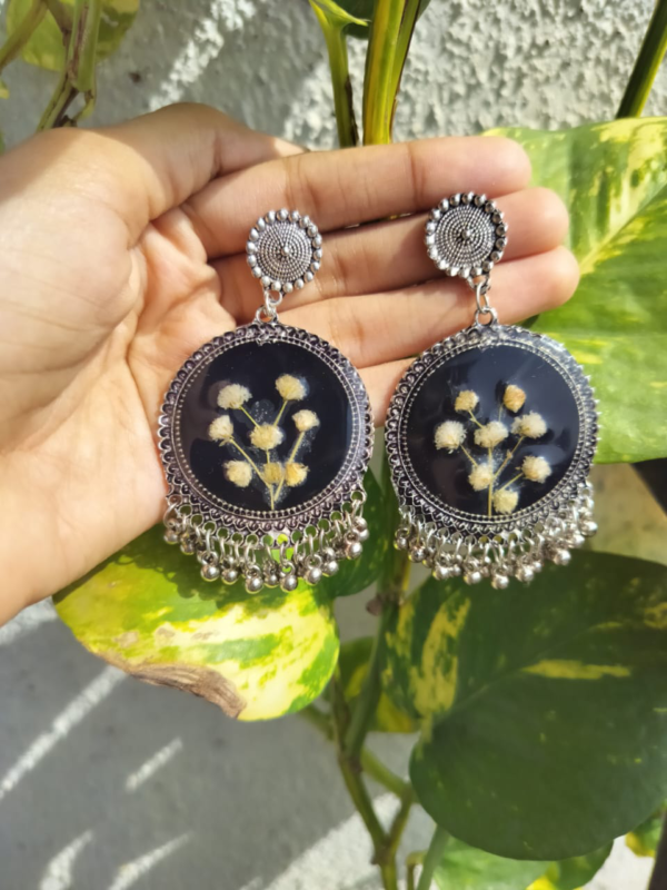 Handcrafted Floral Resin Dangle Earrings with Silver Bead Fringe