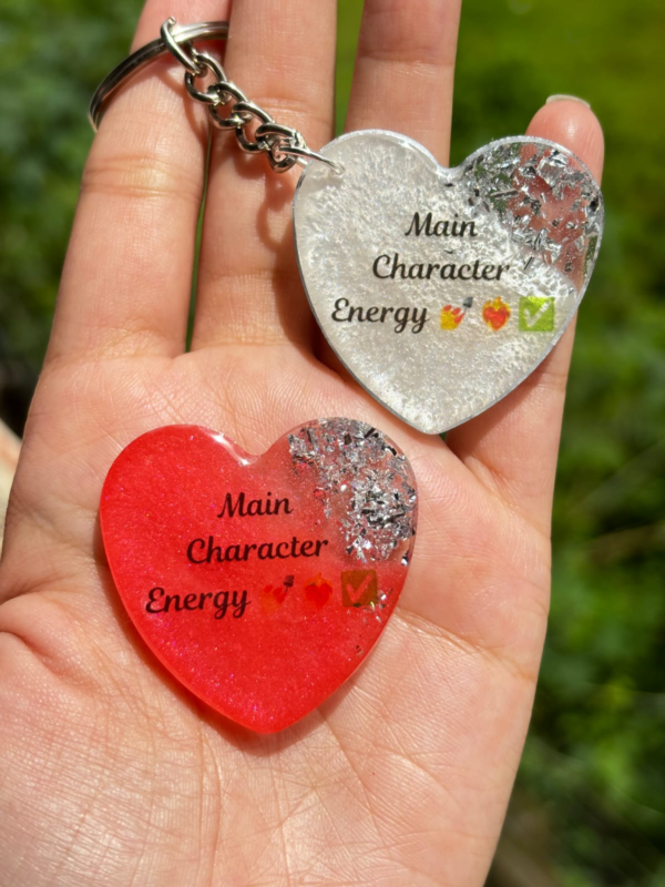 Main Character Energy Heart Resin Keychain – Handmade Glitter Keyring